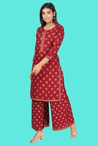 Women Rayon Gold Foil Printed Straight Kurta Palazzo Set with Round Neck in 3/4 Sleeve for Casual Party  Festival Wear Set for Girls-thumb2