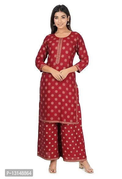 Women Rayon Gold Foil Printed Straight Kurta Palazzo Set with Round Neck in 3/4 Sleeve for Casual Party  Festival Wear Set for Girls-thumb0