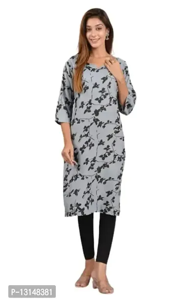 FabRay Rayon Printed Straight Regular Fit Kurti for Women's & Girls (Medium, Grey)-thumb0