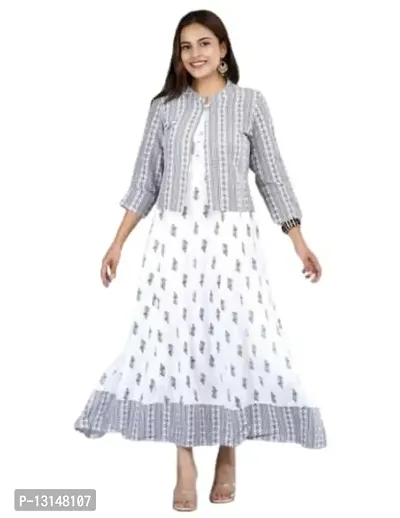 FabRay Women Rayon Printed Stylish Anarkali Kurta with Stylish Jacket Look Like Gorgeous, Festive, Causal, Work (XL, White)