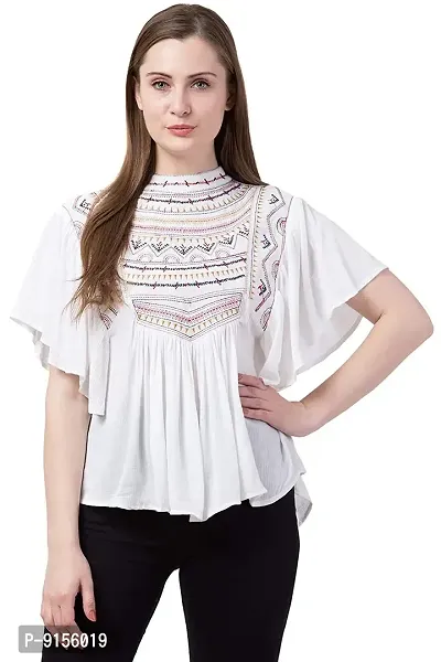Ashine Women's Casual Flared Sleeve Embroidered Riyon Latest Stylish Western Top (M, White)