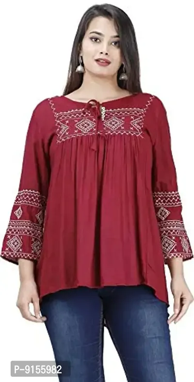 Women's Stylish Casual Embroidered Regular Fit 3/4th Sleeve Top