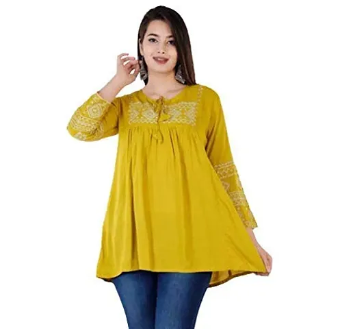 Short Kurti for Women | Embroidered Straight Rayon Kurta | Round Neck Full Sleeves Short Kurti for Women's VIYANA Collection (Large, Yellow)