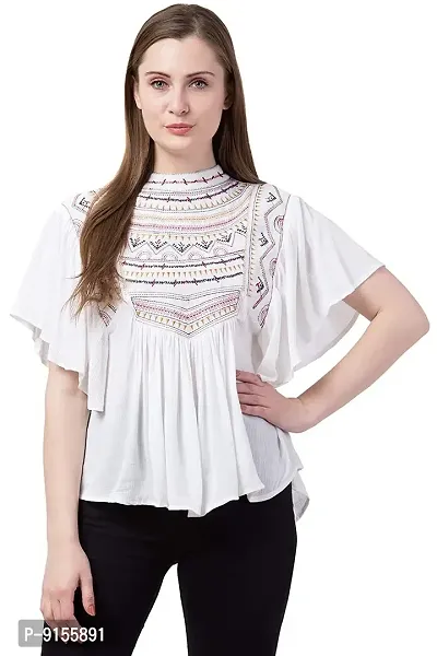 Women's Casual Flared Sleeve Embroidered Riyon Latest Stylish Western Top