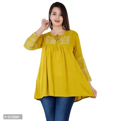 Shiva Fab Women's Rayon Embroidered Regular Short Fit Tops Girls Pack of 1 Top (Small, Mustard EMB)