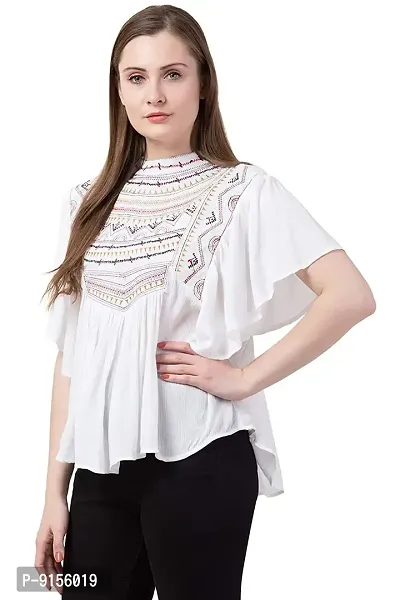 Ashine Women's Casual Flared Sleeve Embroidered Riyon Latest Stylish Western Top (M, White)-thumb3