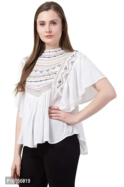 Ashine Women's Casual Flared Sleeve Embroidered Riyon Latest Stylish Western Top (M, White)-thumb4