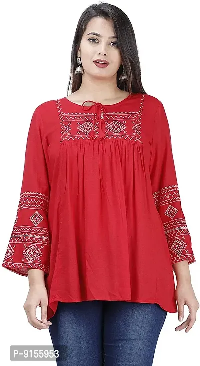 Top for Women| Embroidered Straight RayonTop | Round Neck Full Sleeves Short for Women's BR Fashion Club
