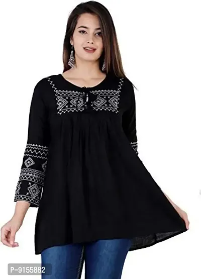 Women's Reyon slub ofwhite Embroidered Top//Women's Stylish Casual Embroidered Regular Fit 3/4th Sleeve Top (Black_M)