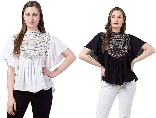 IB STYLES Combo of Plain Stylish Round Neck Rayon Embroidery Top for Women (White - Black, 2XL)