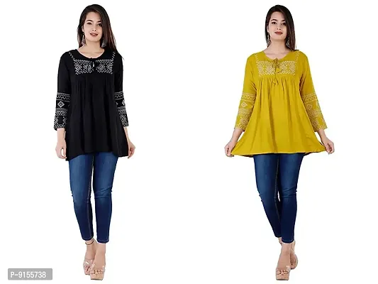 IB STYLES Combo of Plain Stylish Round Neck Rayon Embroidery Top for Women
