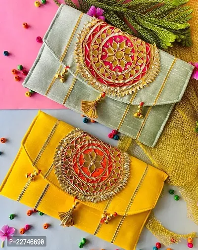 Traditional Fabric Pista Green And Mustard Embroidered Handbag For Women- Pack Of 2
