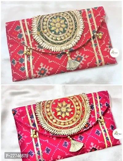 Traditional Fabric Pink Embroidered Handbag For Women- Pack Of 2