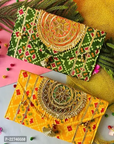 Traditional Fabric Mustard And Green Embroidered Handbag For Women- Pack Of 2