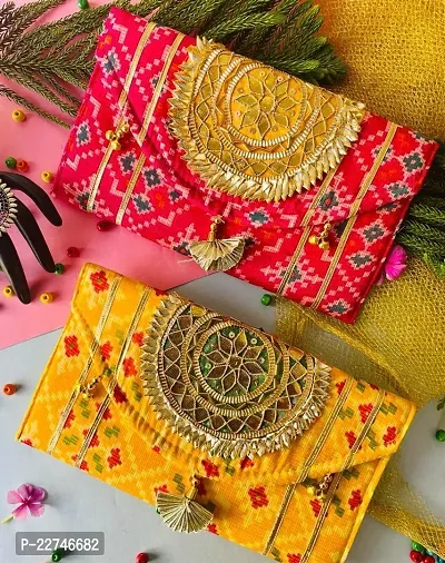 Traditional Fabric Pink And Mustard Embroidered Handbag For Women- Pack Of 2
