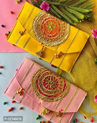 Traditional Fabric Mustard Embroidered Handbag For Women- Pack Of 2