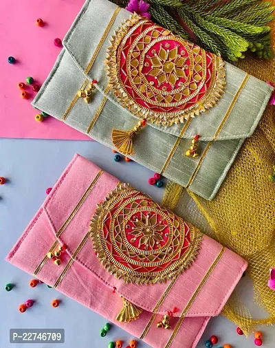 Traditional Fabric Pista Green And Pink Embroidered Handbag For Women- Pack Of 2