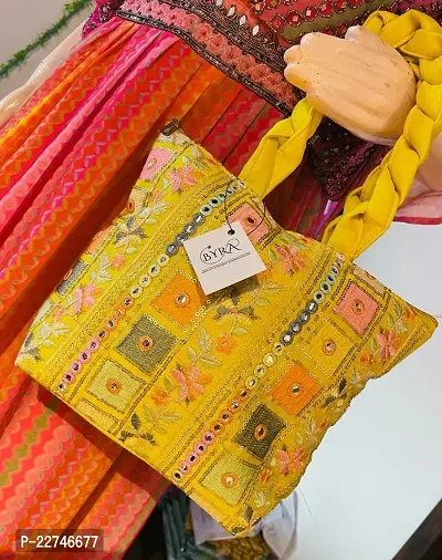 Traditional Fabric Mustard Embroidered Handbag For Women