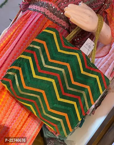 Traditional Fabric Green Zig Zag Print Handbag For Women