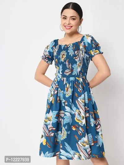 Stylish Navy Blue Crepe Printed Fit And Flare Dress For Women