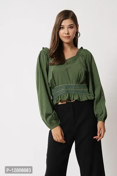 Elegant Green Crepe Embroidered Top For Women