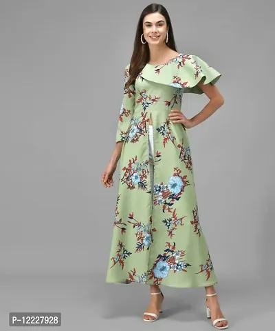 Stylish Green Crepe Printed A-Line Dress For Women-thumb0