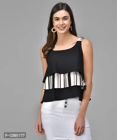 Elegant Black Crepe Striped Top For Women