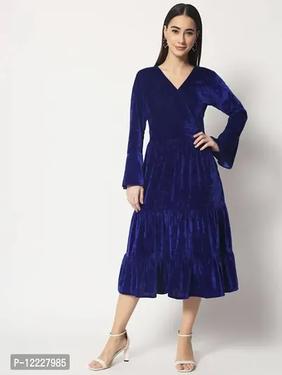 Stylish Blue Velvet Solid Fit And Flare Dress For Women