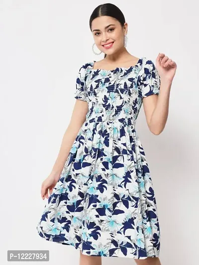 Stylish Blue Crepe Printed Fit And Flare Dress For Women-thumb0