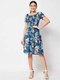 Stylish Navy Blue Crepe Printed Fit And Flare Dress For Women-thumb1