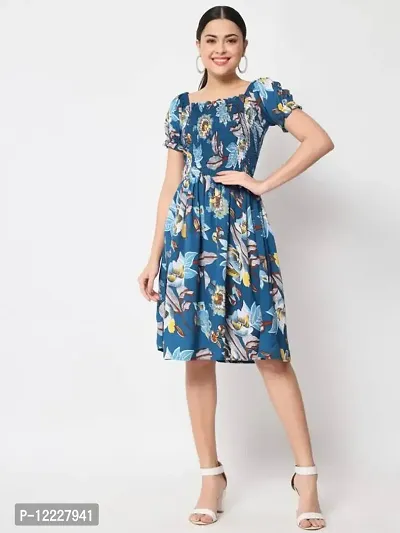 Stylish Navy Blue Crepe Printed Fit And Flare Dress For Women-thumb2