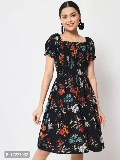 Stylish Black Crepe Printed Fit And Flare Dress For Women