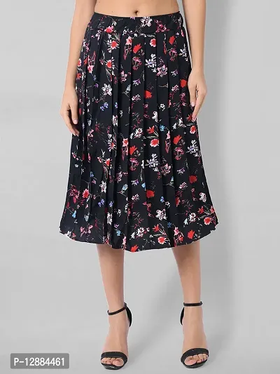 Stylish Crepe Black Midi Length Floral Print Pleated Skirt For Women
