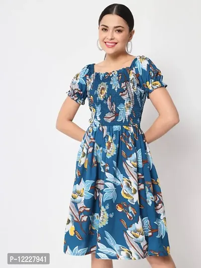 Stylish Navy Blue Crepe Printed Fit And Flare Dress For Women-thumb0