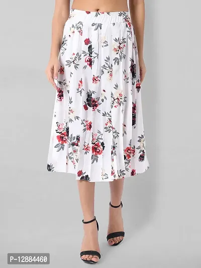 Stylish Crepe White Midi Length Floral Print Pleated Skirt For Women
