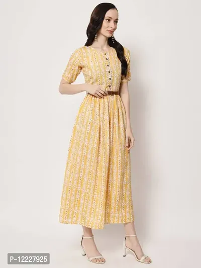 Stylish Yellow Crepe Printed A-Line Dress For Women-thumb0