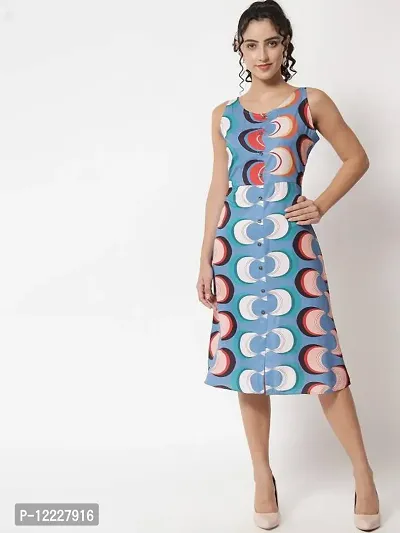 Stylish Blue Crepe Printed A-Line Dress For Women