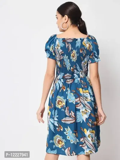 Stylish Navy Blue Crepe Printed Fit And Flare Dress For Women-thumb3