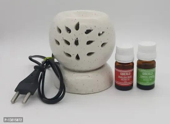 Modern Handcrafted Ceramic Electric Round Shaped Diffuser Oil Burner |Oil Diffuser for Home with Oils (Lemon Grass  Rosy Romance Fragrance 10ml Each)