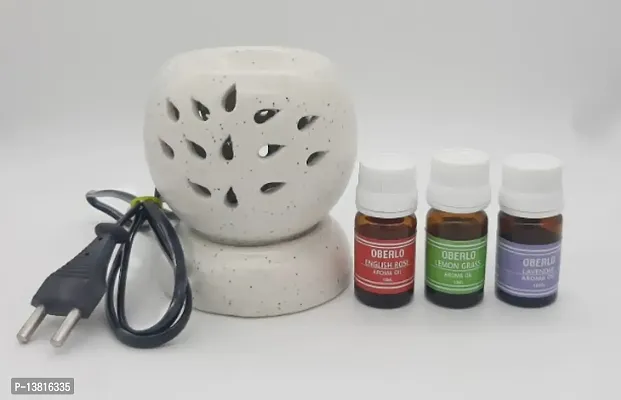 Modern Handcrafted Ceramic Electric Round Shaped  Diffuser Oil Burner|  Oil Diffuser for Home with  Oils (Lemon Grass, Lavender  Rosy Romance Fragrance 10ml Each)-thumb0