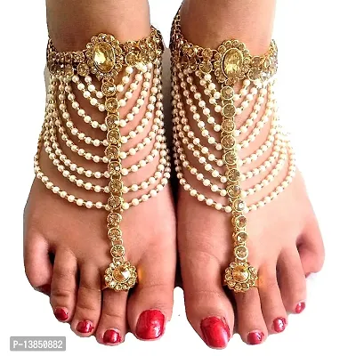 Modern Bridal Gold Plated Anklet With White and Golden Pearl Anklet For Women and Girls