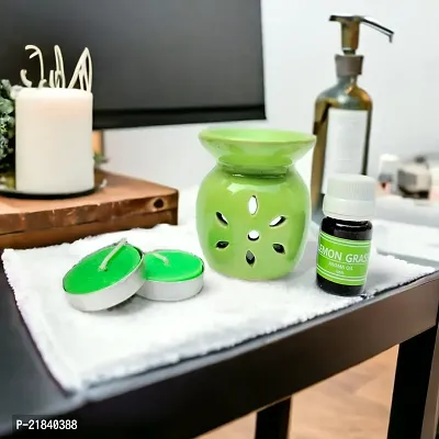 Modern Design Ceramic Diffuser Set in Green Color Burner With 2pc T Light and Lemongrass Aroma Oil 10ml-thumb0