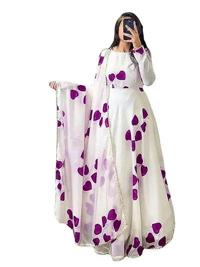 ARAV Creation Georgette Fabric Round Neck Full Length with Full Sleeve Gown for Women and Adult Girls