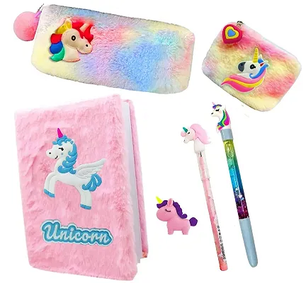 Beautiful Collection-6pcs Diary, Pouch, Coin Pouch, Gel Pen, Pencil, Eraser For Kids
