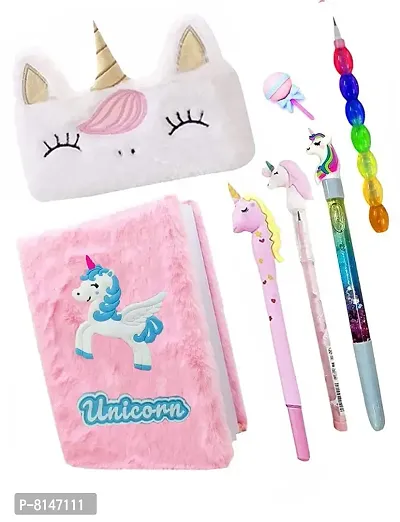 (Pack of 7) Unicorn Diary for Girls with Fur Pencil Box (Pencil Pouch Storage Bag), Unicorn Pen, Unicorn Bullet Pencil, Unicorn Eraser for Unicorn Lover-thumb0