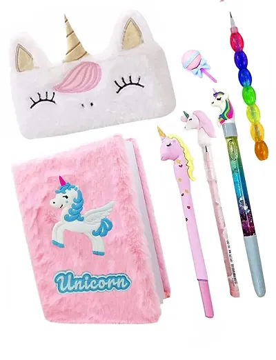 (Pack of 7) Unicorn Diary for Girls with Fur Pencil Box (Pencil Pouch Storage Bag), Unicorn Pen, Unicorn Bullet Pencil, Unicorn Eraser for Unicorn Lover