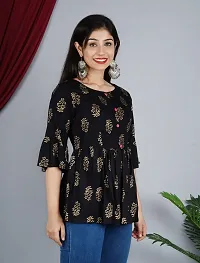 Stylish Rayon Black Foil Print Round Neck Bell Sleeves Top For Women-thumb2