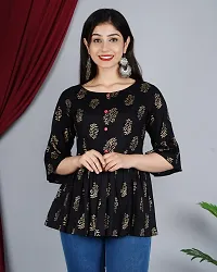 Stylish Rayon Black Foil Print Round Neck Bell Sleeves Top For Women-thumb1