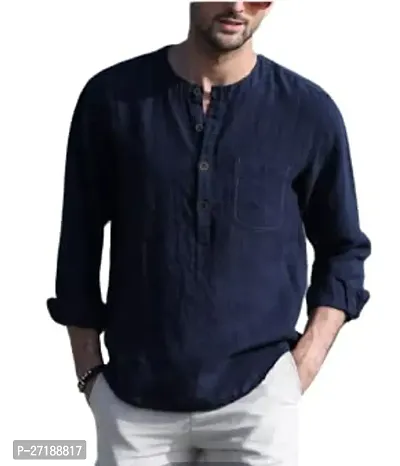 Men's Regular Fit Full Sleeve Cotton Summer Wear Madarian Collar Kurta (Navy)-thumb0