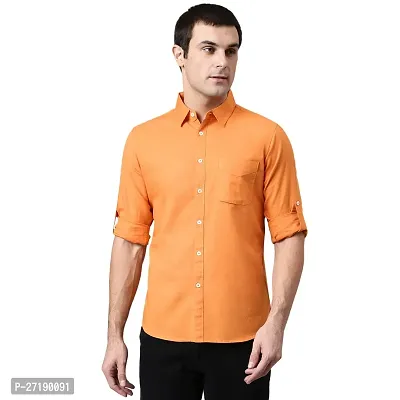 Men's Regular Fit Full Sleeve Cotton Cutway Collar Summer Wear Formal Shirt(Orange)-thumb0